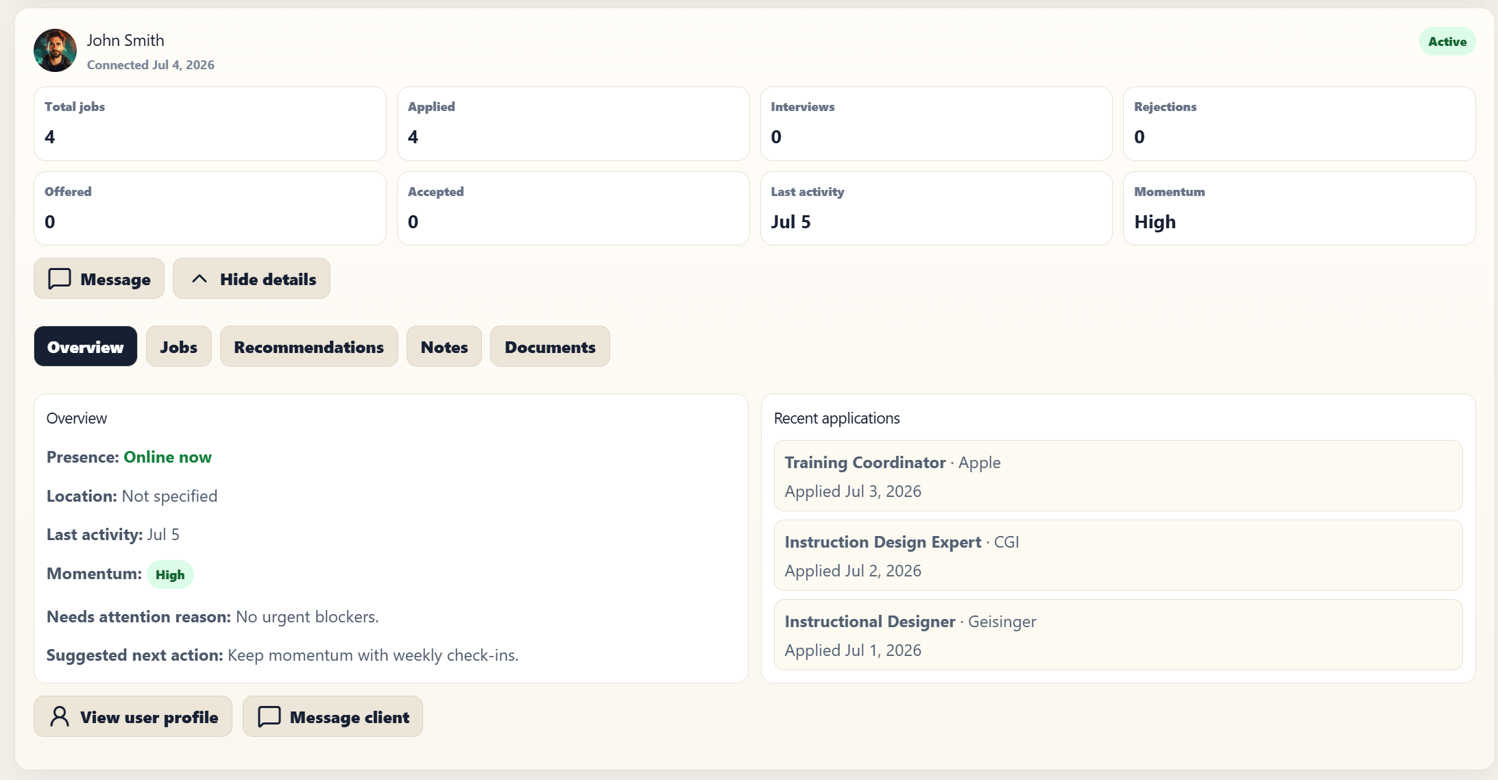 RoleVoyage client detail view with recent applications, momentum, and suggested next action