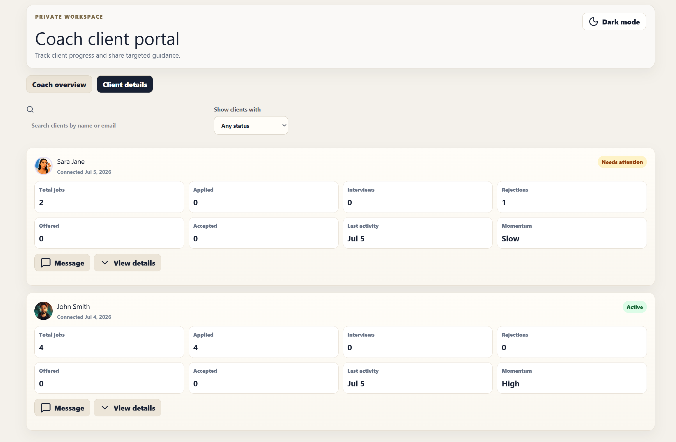 RoleVoyage coach client list showing each client with job counts, momentum, and status