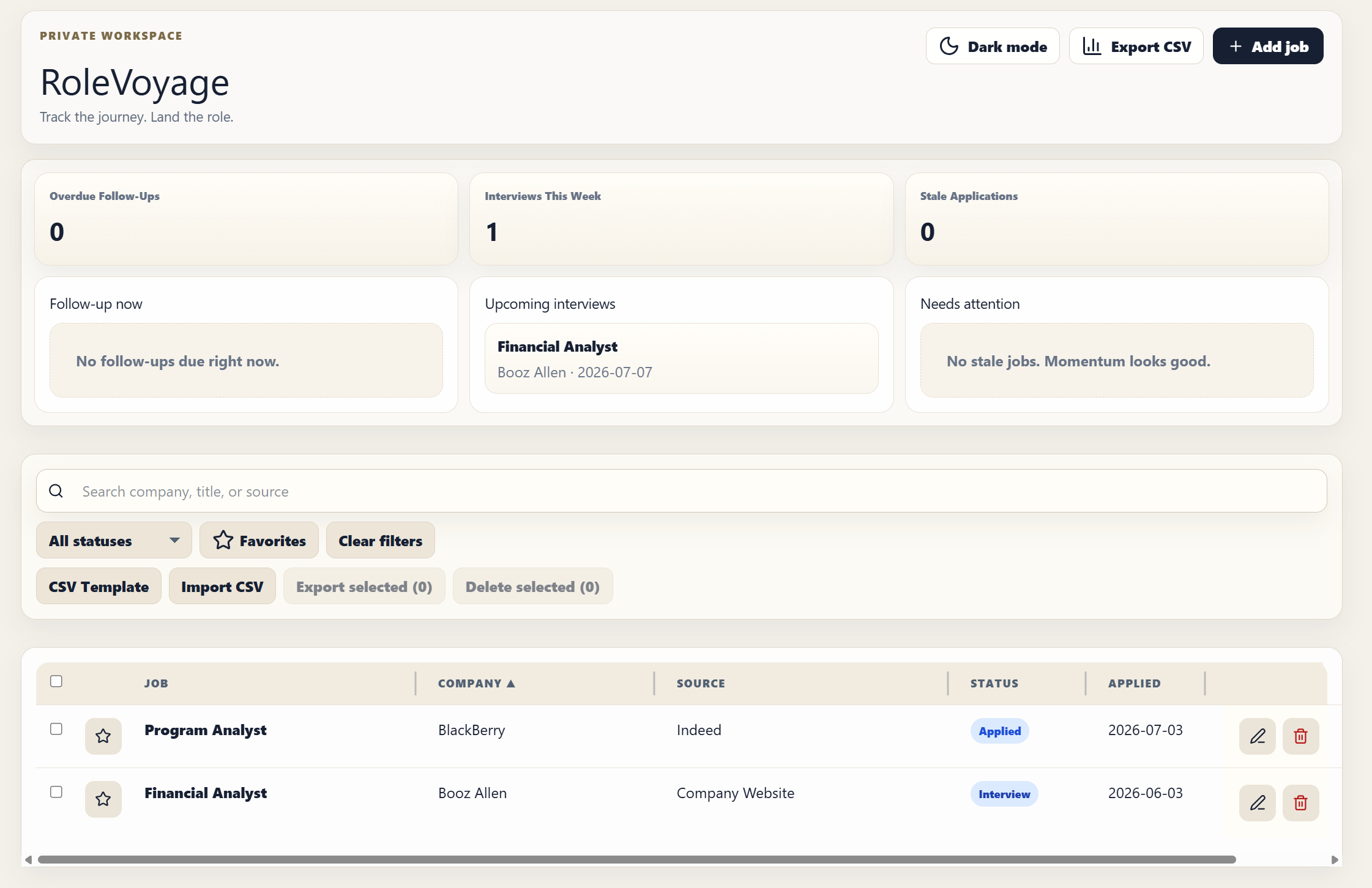 RoleVoyage job seeker dashboard showing overdue follow-ups, upcoming interviews, and tracked applications
